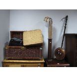 A Picnic Set, hamper, etc, in wicker linen box, three walking canes in stand, warming pan.