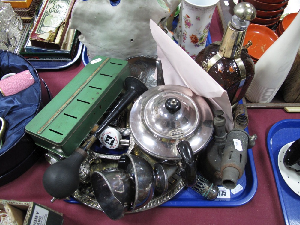 A Monitor Blow Lamp, horn, tin, brass bomber, plated ware, etc:- One Tray