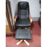 A Stressless Style Black Coloured Armchair; together with a foot stool. (2)