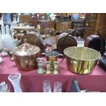 A Victorian Brass Jam Pan, a copper kettle with swan neck spout and brass acorn finial, copper