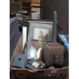 Coaching Lamp, camera's, horse brasses, photos, prints, etc:- One Box
