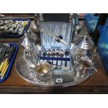 Plated Four Piece Tea Coffee Service, Priestly Moore grapefruit spoons, cased; together with a