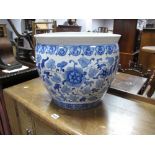 A Large Blue and White Oriental Pottery Jardiniere, with Greek key border, 40cm diameter.