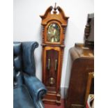 A Mid to Late XX Century Grandmother Clock, with swan neck pediment, split pilasters and twin weight