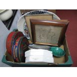 Two Mackintosh Tins, meat and collectors plates, Wedgwood bowl, Sally Winter etching, tapestry