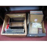 LP's, art books, storage tins, wooden drawers, tea chest, etc:- Two Boxes