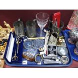 A Ronson Lighter, grape and sewing scissors, horn mug, pipes, stamp moistener, etc::- One Tray