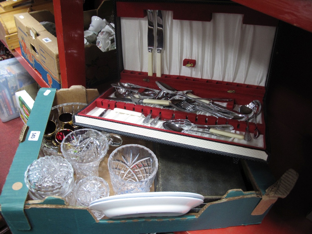 Cased Cutlery, fish knives and forks, glass, fruit bowl, glass salad servers, vases, etc:- One Box