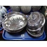 Pair of John Round Plated Entree Dishes, each with foliate engraved decoration, sectional dish