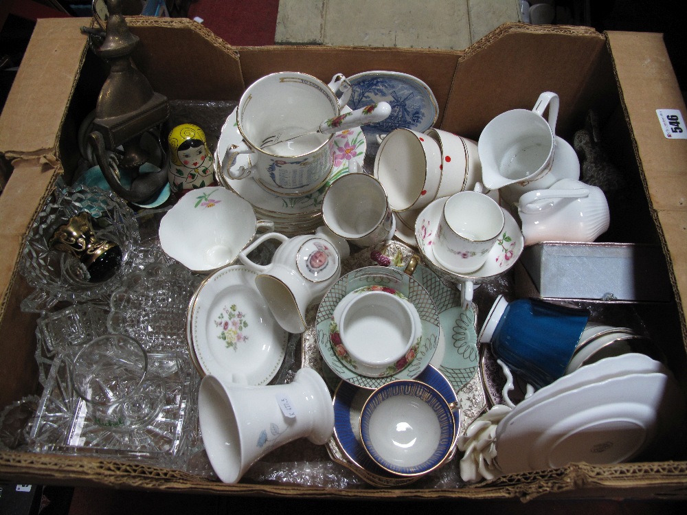 China Tea Wares, Wedgwood vase, Aynsley loving cup, brass door knocker, glassware, etc:- One Box