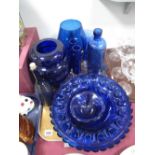 Blue Glassware, to include bottle, vases, dolphin:- One Tray