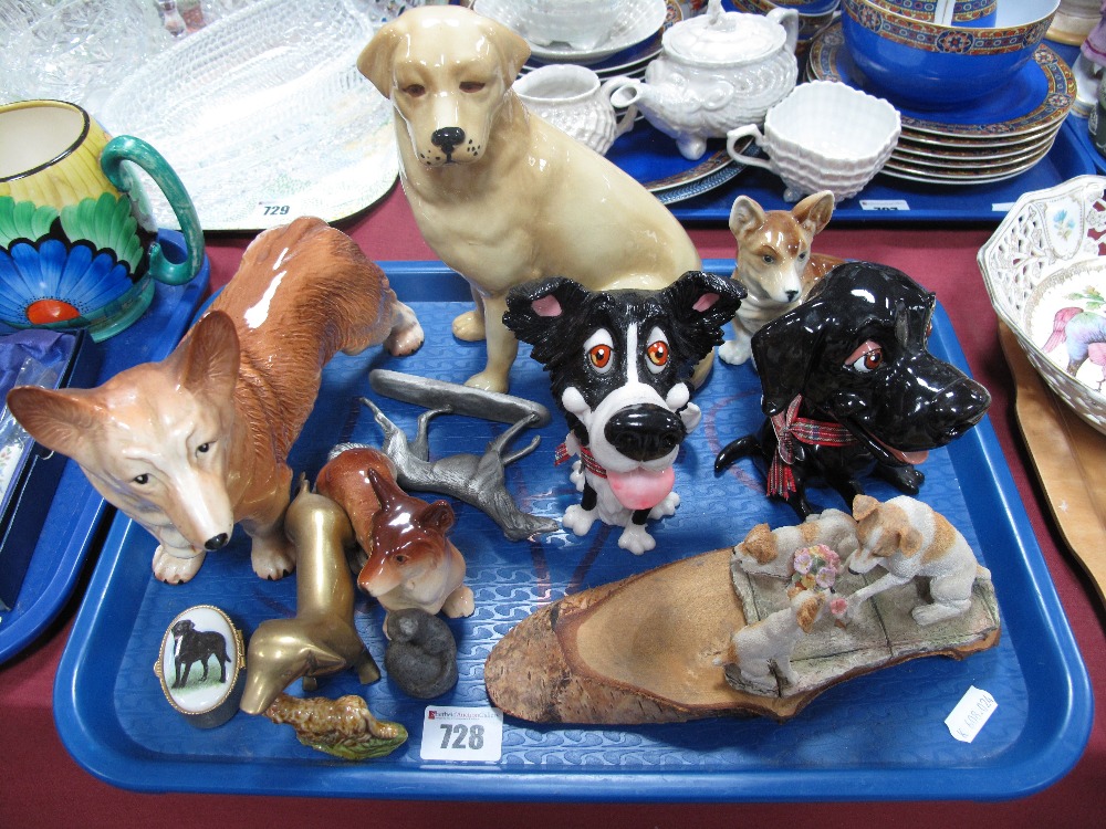 Melba Corgi, other model dogs in pottery, brass and white metal:- One Tray