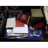 Red Velvet Sash, with a heart and anchor badge, brass tea caddy, Queen Elizabeth £5 coin, photos,