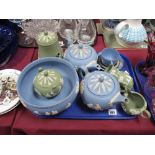 Wedgwood Jasperwares, a pedestal bowl in powder blue, three piece coffee service and coffee cans and