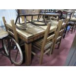 A Pine Rectangular Shape Kitchen Table, with batten ends, on square legs; together four rail back