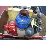 A Red Telephone, candelabra, metal ware, large pottery vase, etc:- One Box