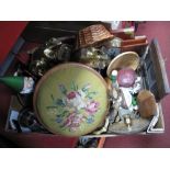 Brassware, footstool, letter rack, tankards, gnome, etc:- One Box