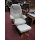 A Stressless Style Cream Coloured Armchair; together with a foot stool. (2)