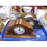 A Kundo Anniversary Clock, Edwardian inlaid mantel clock, Metamec clock and a 1930's oak mantel