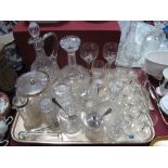 A Claret Jug, decanter, stirrers, jam pots, drinking glasses:- One Tray