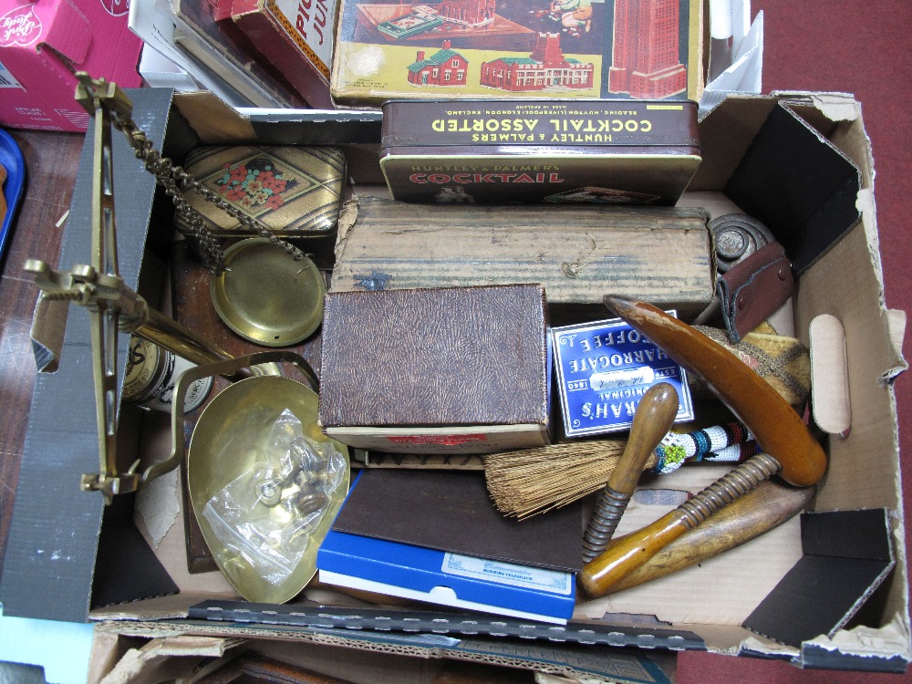 Wooden Shoe Trees, brass balance scales, tins, beaded brush, etc:- One Box