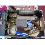 Wooden Shoe Trees, brass balance scales, tins, beaded brush, etc:- One Box