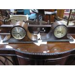Two Early XX Century Oak Cased Napoleon Hat Styles Mantel Clocks, each with silvered dials with