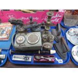 An Aulos Recorder, Decca Debutante radio, blow lamps, cutlery, flat irons, etc:- One Tray