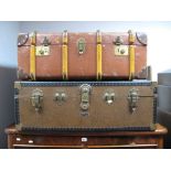 A Mid XX Century Travel Case, wooden strap work and interior tray, and another 1950's travel trunk