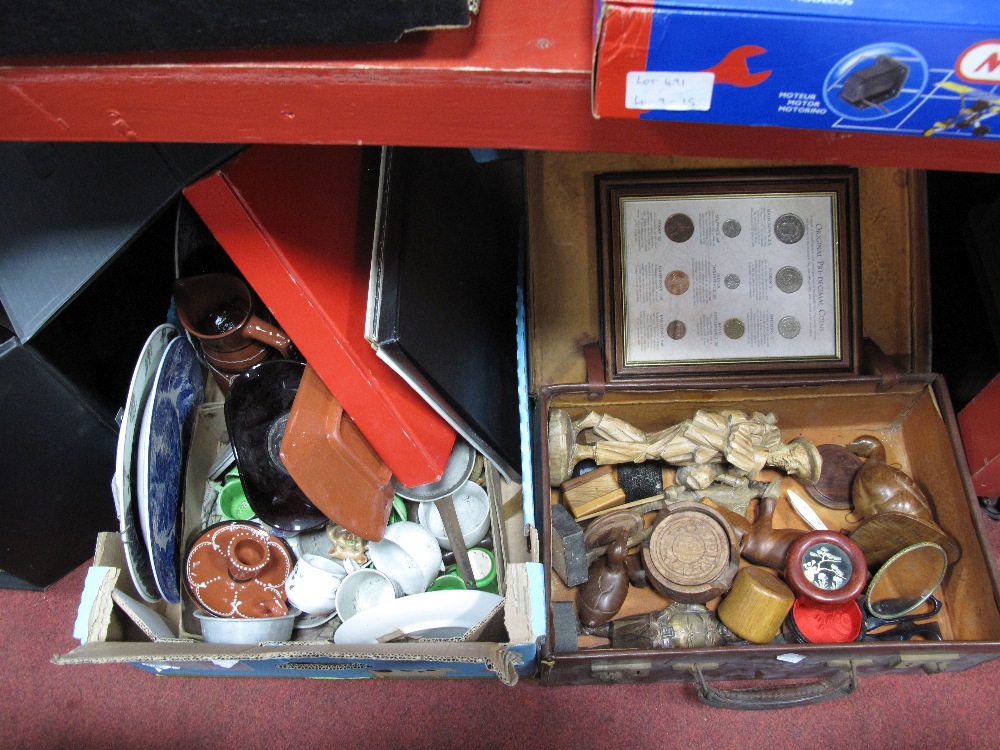 Carved Figures, scissors, etc, in case, dolls teaware and aluminium pans, Portuguese pottery