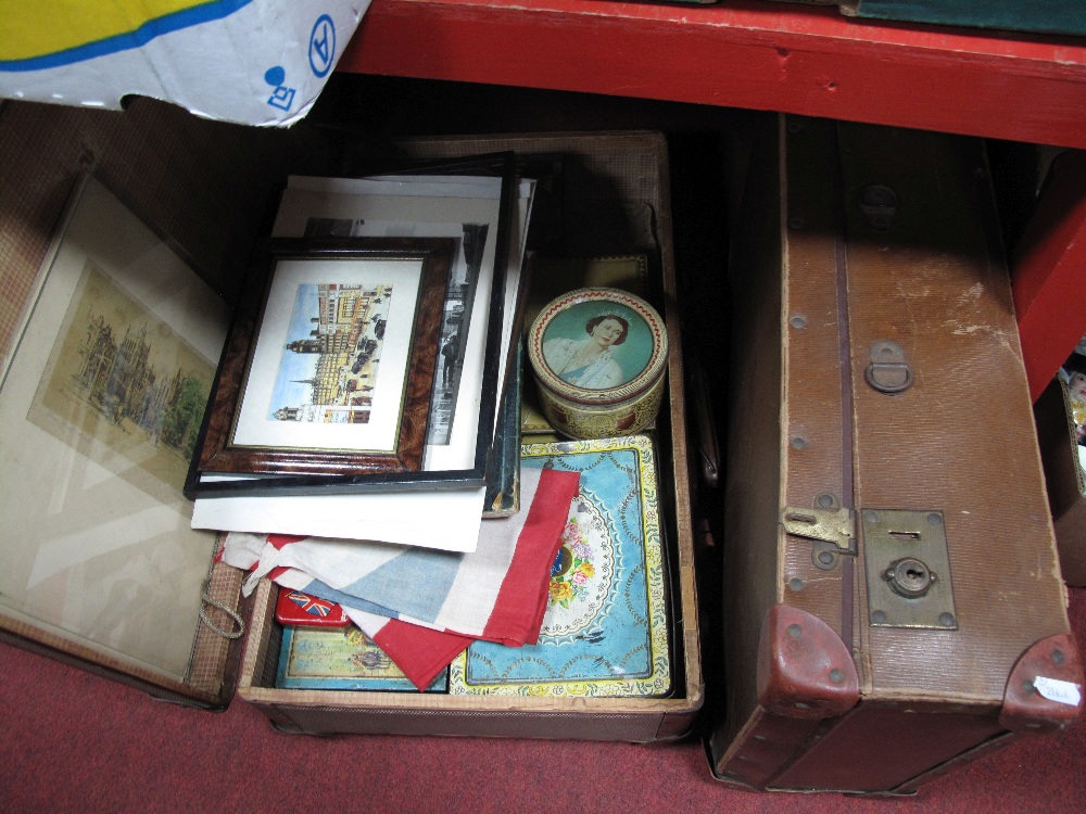 A Suitcase Containing Early To Mid XX Century Tin Boxes, Union Jack, two prints, etc:- Two Suitcases