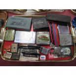 Three Tins of Record Needles, pens, cigarette cases, Kwiz darts, etc:- Tray