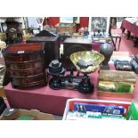 A Mahogany Miniature Bow Fronted Four Heights Chest of Drawers, bracket feet, height 24cm, a brass