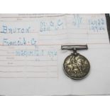 A WWI War Medal, to 14933 Sergant F. G. Bruton, Machine Gun Corps, with copy paperwork.