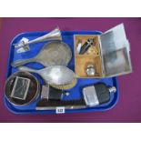 A Hallmarked Silver Backed Hair Brush, a hand mirror, comb, plated cigarette box, hip flasks,