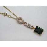 An 18ct Gold Lajao Tourmaline and Diamond Set Drop Pendant, rectangular four claw set below claw set