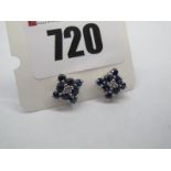 A Pair of 9ct White Gold Sapphire and Diamond Set Cluster Earstuds, of square form, claw set. *