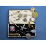 Collection of Stickpins; including "Resurgo", horn bar brooch, etc.