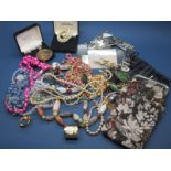 Assorted Costume Jewellery, including beads, imitation pearls, key rings, panel belt, scarf rings,