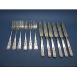 A Set of Six German Dessert/Fruit Knives and Forks, stamped crescent and crown mark and "800", the