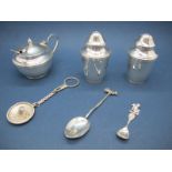 A Hallmarked Silver Three Piece Cruet Set, together with a novelty keyring, etc.