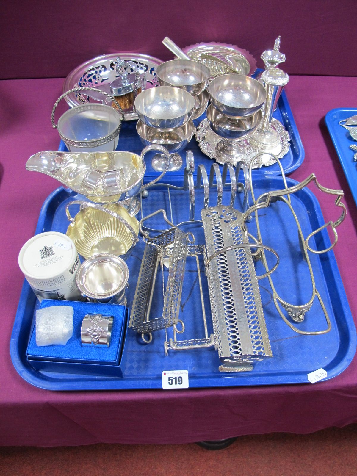 Assorted Plated Ware, including sundae dishes, swing handled baskets, napkin rings, etc:- One Box