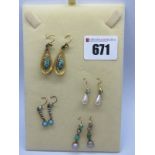 Turquoise Set and Other Drop Earrings, on hook fittings.
