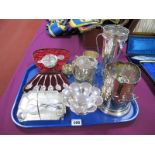 A Decorative Glass Dish on Plated Stand, footed dish, lidded swing handled jar, of pierced design