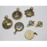 Four Circular Locket Pendants, two openwork pendants, oval collet set, stamped "9ct", etc.