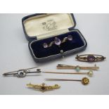 A Single Stone Opal Set Bar Brooch, oval collet set; together with other assorted bar brooches (