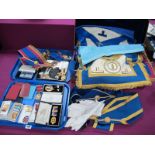A Collection of Masonic Regalia, including medallion badges, jewels, aprons, sashes, gloves,