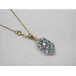 A 9ct Gold Aquamarine and Diamond Set Pendant, of elongated shape, claw set, on plain bale