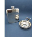 A Hallmarked Silver Wine Taster, A.G.E, London 1977, initialled "A.J.V"; A Hip Flask, engraved "