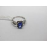 A 9ct White Gold Tanzanite and Diamond Rectangular Cluster Ring, four double claw set to the centre,